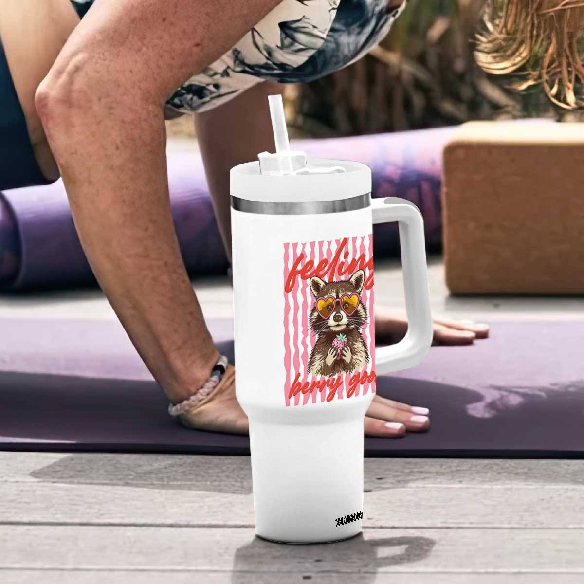 Feeling Berry Good Tumbler With Handle Funny Raccoon Strawberry Summer Vibes TS14 Print Your Wear