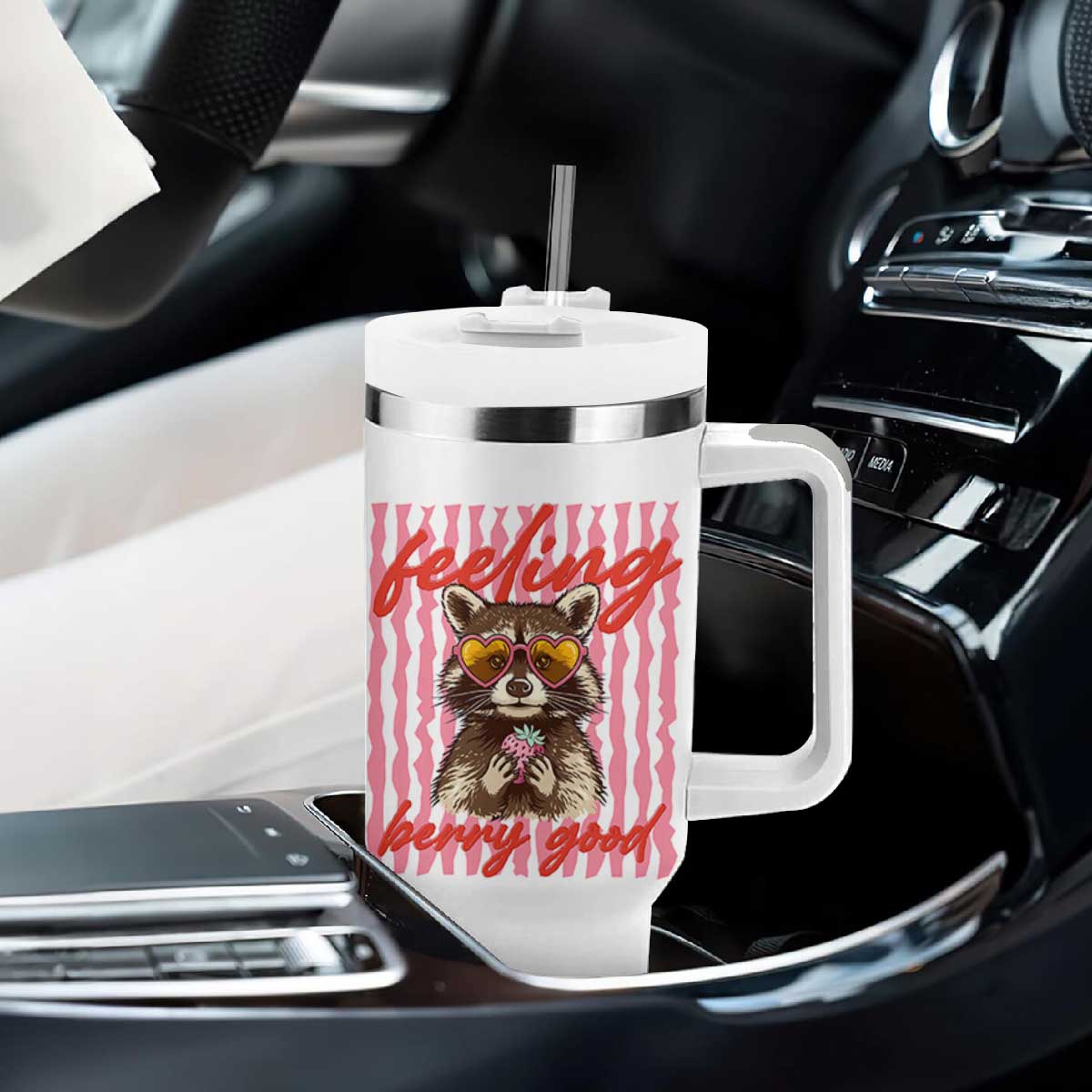 Feeling Berry Good Tumbler With Handle Funny Raccoon Strawberry Summer Vibes TS14 Print Your Wear