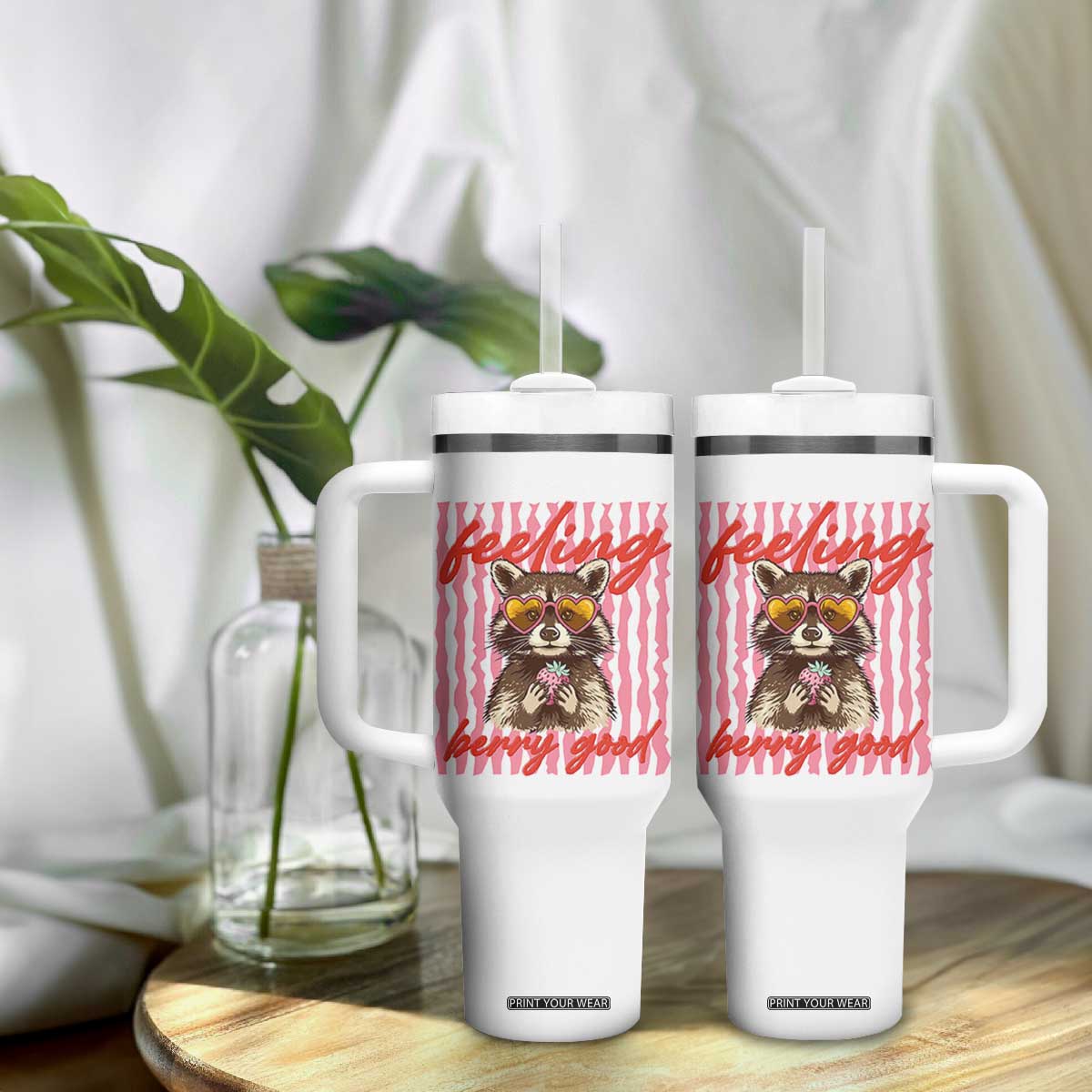 Feeling Berry Good Tumbler With Handle Funny Raccoon Strawberry Summer Vibes TS14 Print Your Wear
