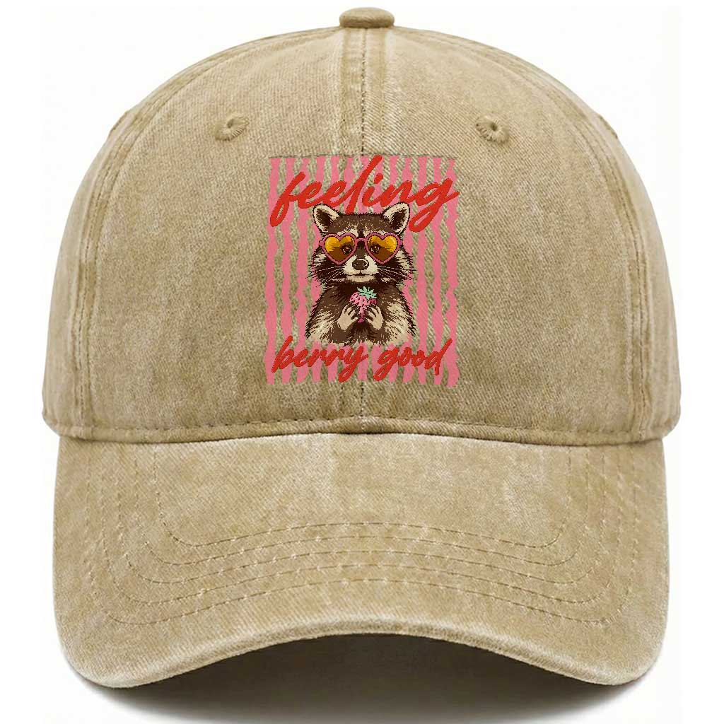 Feeling Berry Good Washed Cotton Baseball Cap Funny Raccoon Strawberry Summer Vibes TS14 Print Your Wear