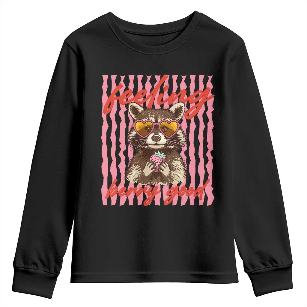 Feeling Berry Good Youth Sweatshirt Funny Raccoon Strawberry Summer Vibes TS14 Black Print Your Wear
