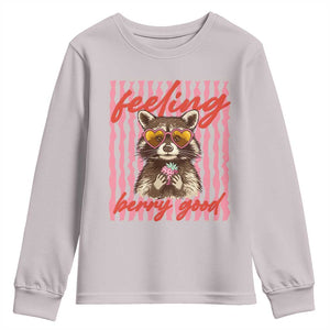 Feeling Berry Good Youth Sweatshirt Funny Raccoon Strawberry Summer Vibes TS14 Ice Gray Print Your Wear