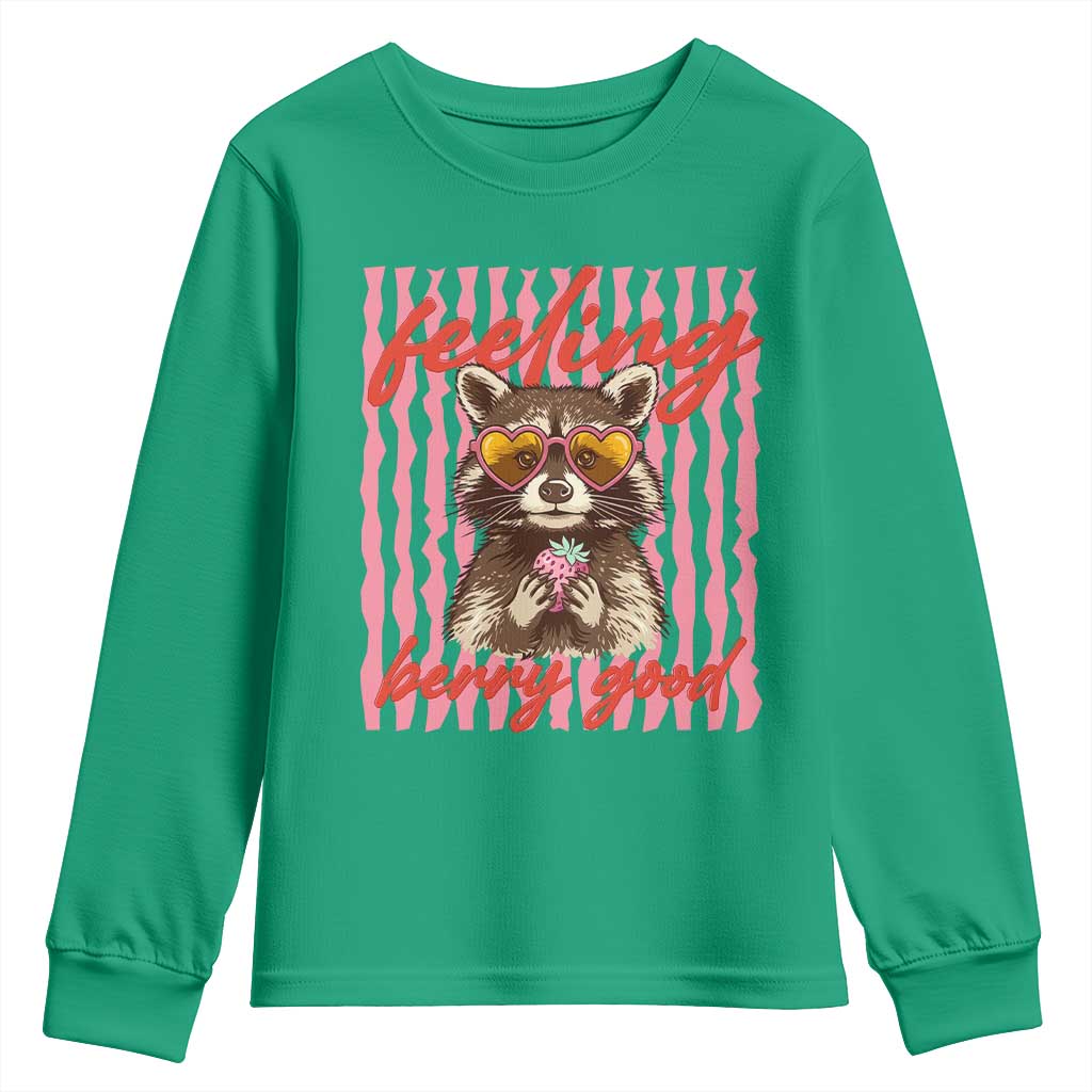 Feeling Berry Good Youth Sweatshirt Funny Raccoon Strawberry Summer Vibes TS14 Irish Green Print Your Wear