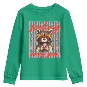 Feeling Berry Good Youth Sweatshirt Funny Raccoon Strawberry Summer Vibes TS14 Irish Green Print Your Wear