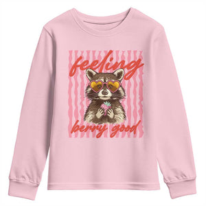 Feeling Berry Good Youth Sweatshirt Funny Raccoon Strawberry Summer Vibes TS14 Light Pink Print Your Wear