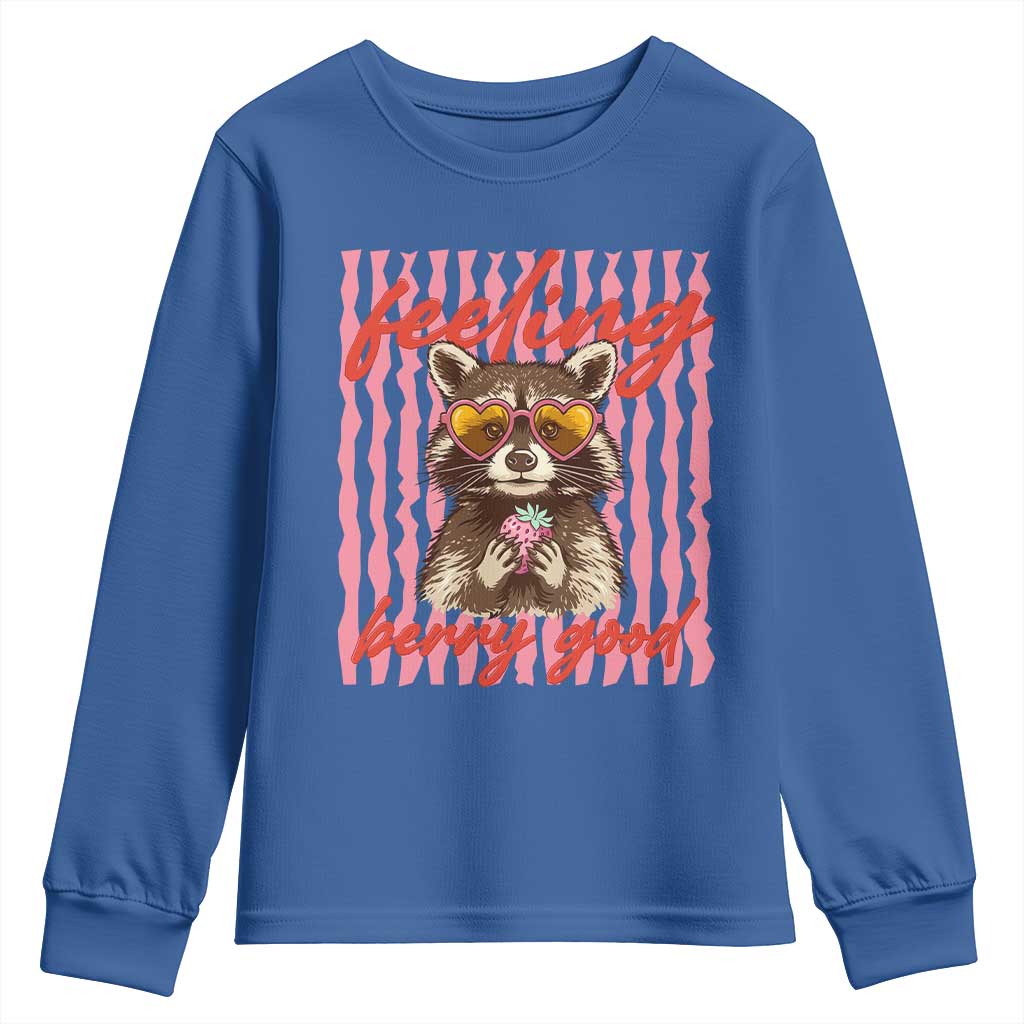 Feeling Berry Good Youth Sweatshirt Funny Raccoon Strawberry Summer Vibes TS14 Royal Blue Print Your Wear