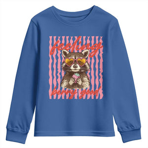 Feeling Berry Good Youth Sweatshirt Funny Raccoon Strawberry Summer Vibes TS14 Royal Blue Print Your Wear