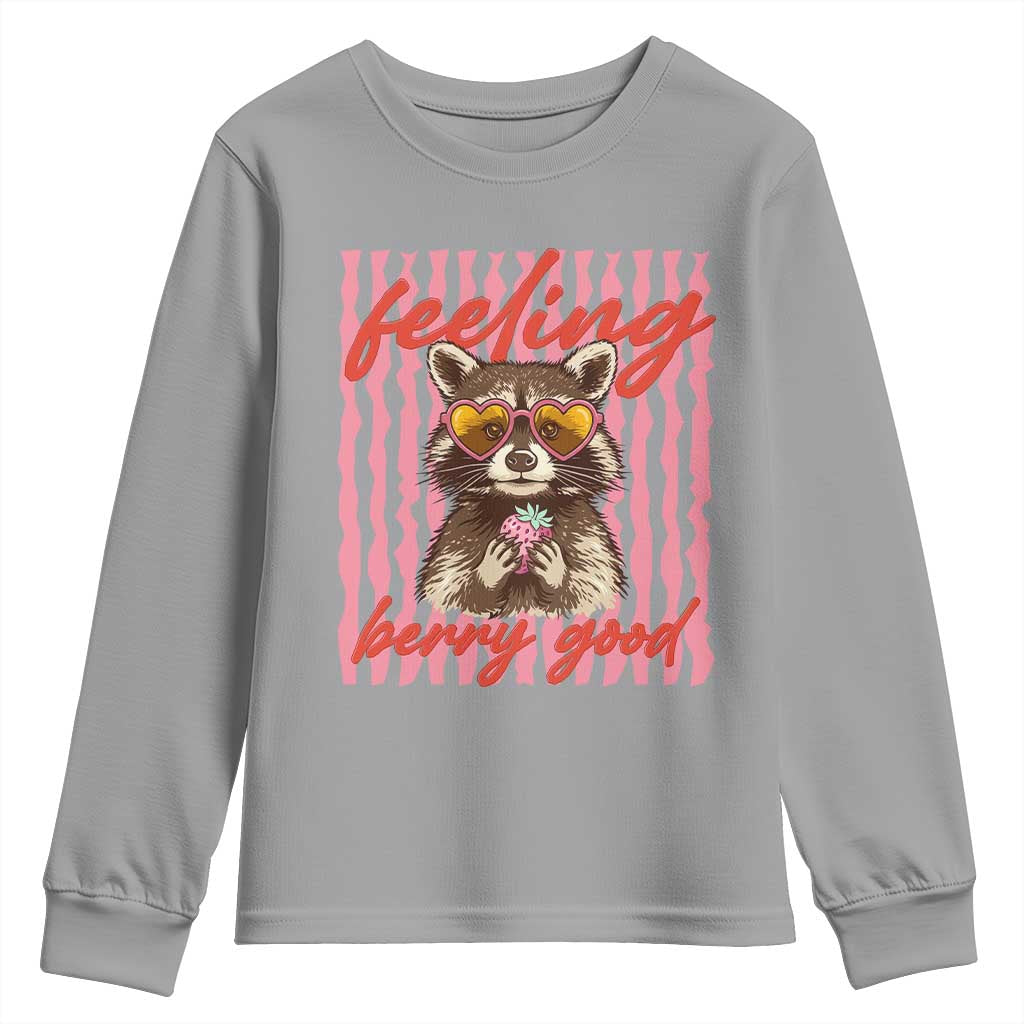 Feeling Berry Good Youth Sweatshirt Funny Raccoon Strawberry Summer Vibes TS14 Sport Gray Print Your Wear