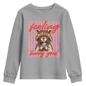 Feeling Berry Good Youth Sweatshirt Funny Raccoon Strawberry Summer Vibes TS14 Sport Gray Print Your Wear