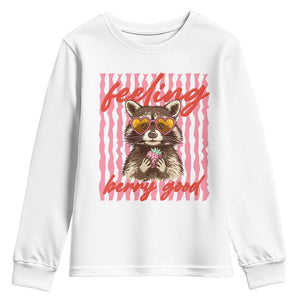 Feeling Berry Good Youth Sweatshirt Funny Raccoon Strawberry Summer Vibes TS14 White Print Your Wear