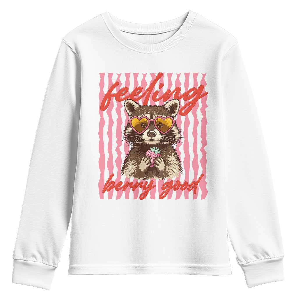 Feeling Berry Good Youth Sweatshirt Funny Raccoon Strawberry Summer Vibes TS14 White Print Your Wear