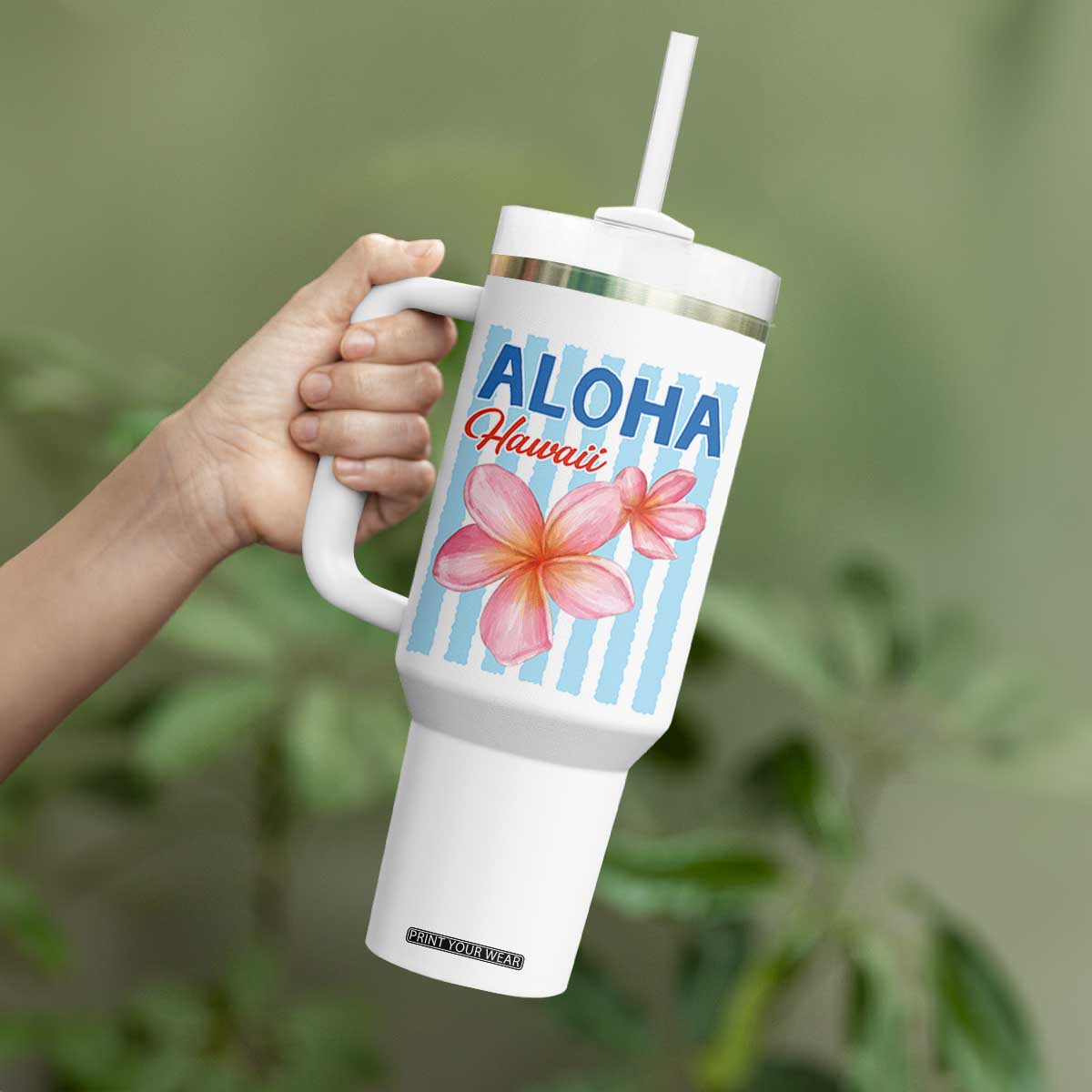 Aloha Hawaii Tumbler With Handle Hibiscus Flower Tropical Beach Vacation