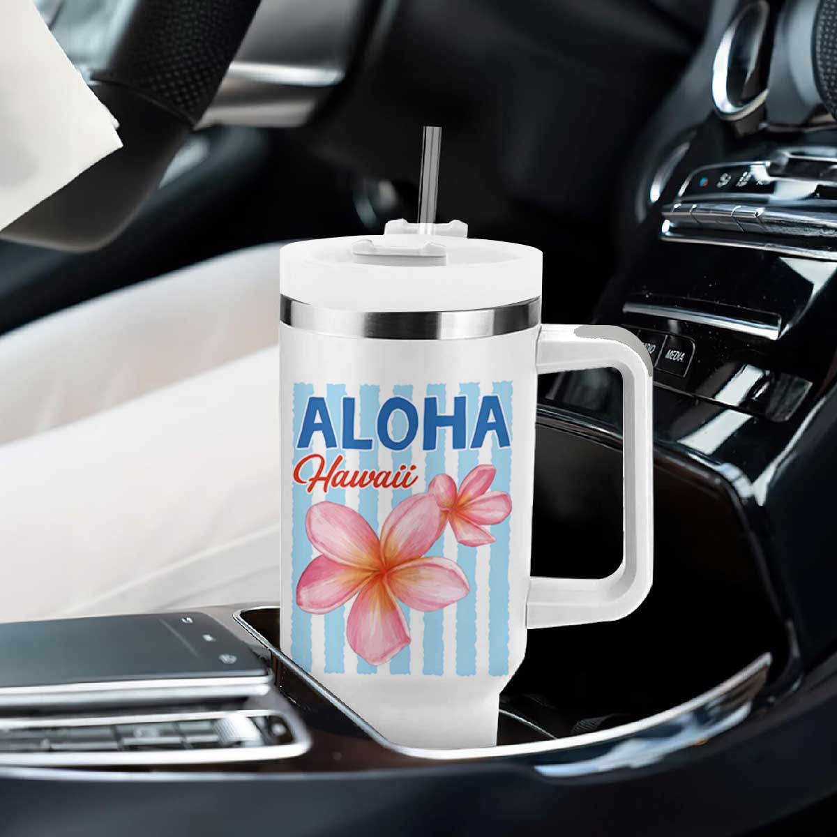Aloha Hawaii Tumbler With Handle Hibiscus Flower Tropical Beach Vacation