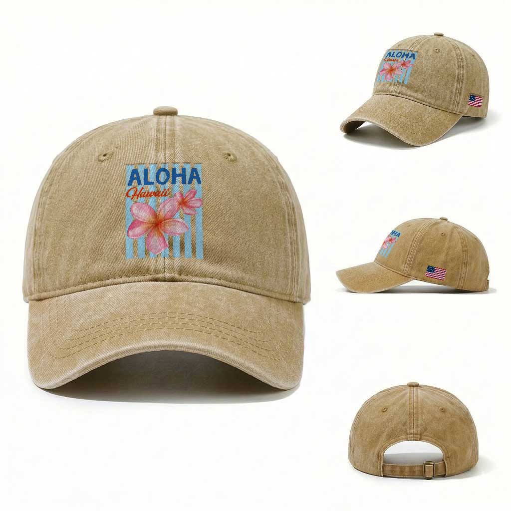 Aloha Hawaii Washed Cotton Baseball Cap Hibiscus Flower Tropical Beach Vacation