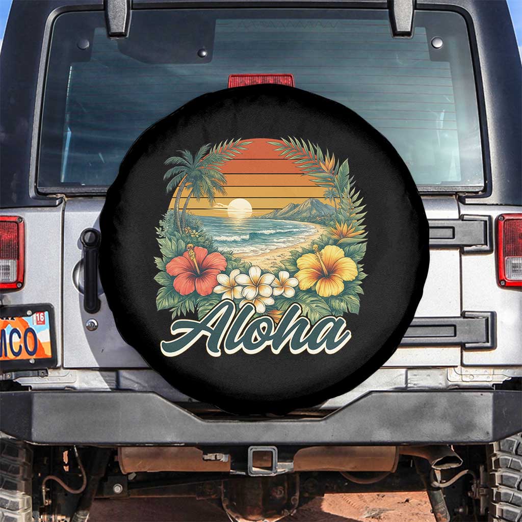 Aloha Hawaii Summer Spare Tire Cover Vintage Tropical Beach Graphic TS14 No hole Black Print Your Wear