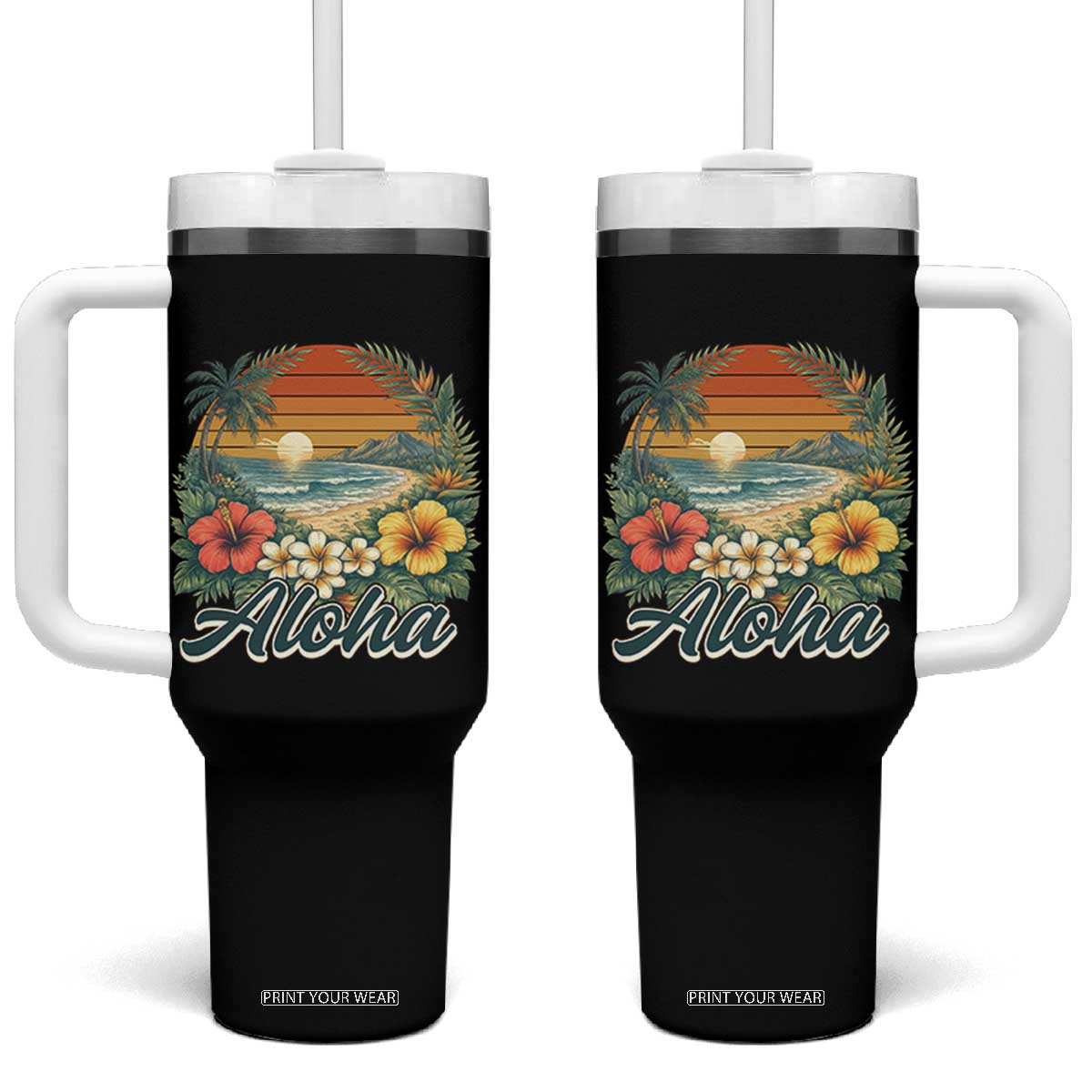 Aloha Hawaii Summer Tumbler With Handle Vintage Tropical Beach Graphic