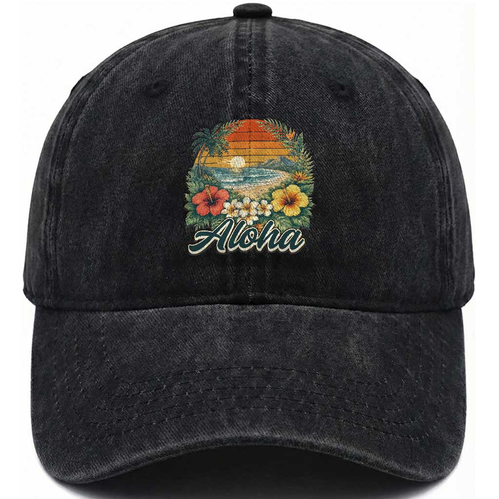 Aloha Hawaii Summer Washed Cotton Baseball Cap Vintage Tropical Beach Graphic TS14 Print Your Wear