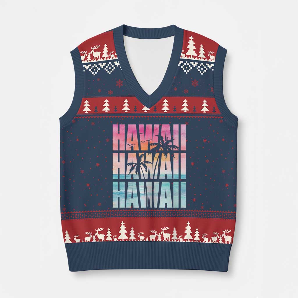 Hawaii Summer Vacation V-Neck Knit Sweater Vest Vintage Tropical Beach Graphic TS14 Navy Red Print Your Wear