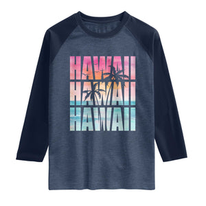 Hawaii Summer Vacation Raglan Shirt Vintage Tropical Beach Graphic TS14 Heather Denim Navy Print Your Wear