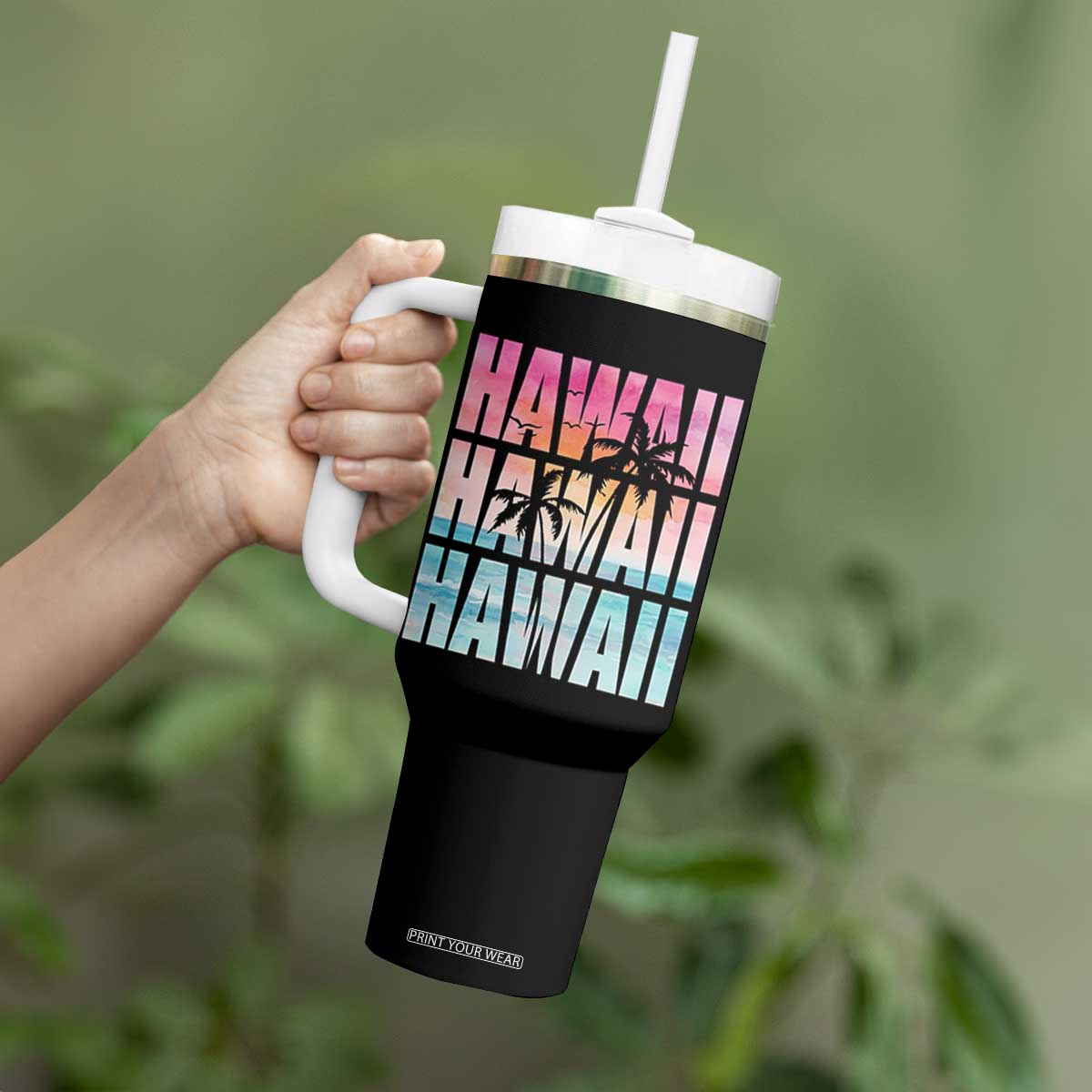 Hawaii Summer Vacation Tumbler With Handle Vintage Tropical Beach Graphic