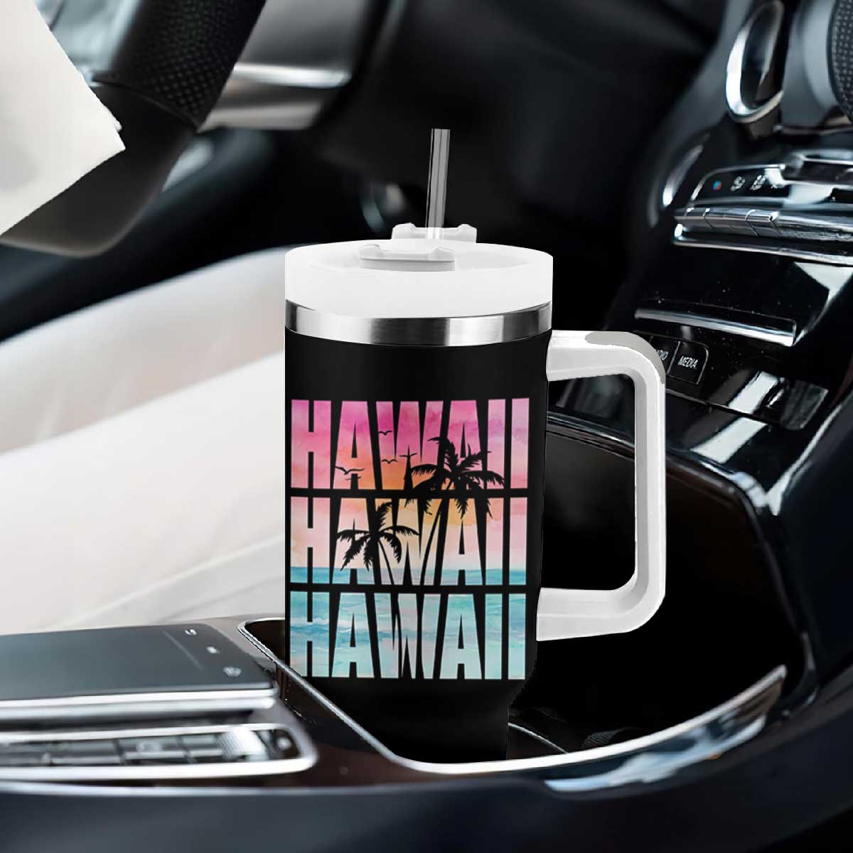 Hawaii Summer Vacation Tumbler With Handle Vintage Tropical Beach Graphic