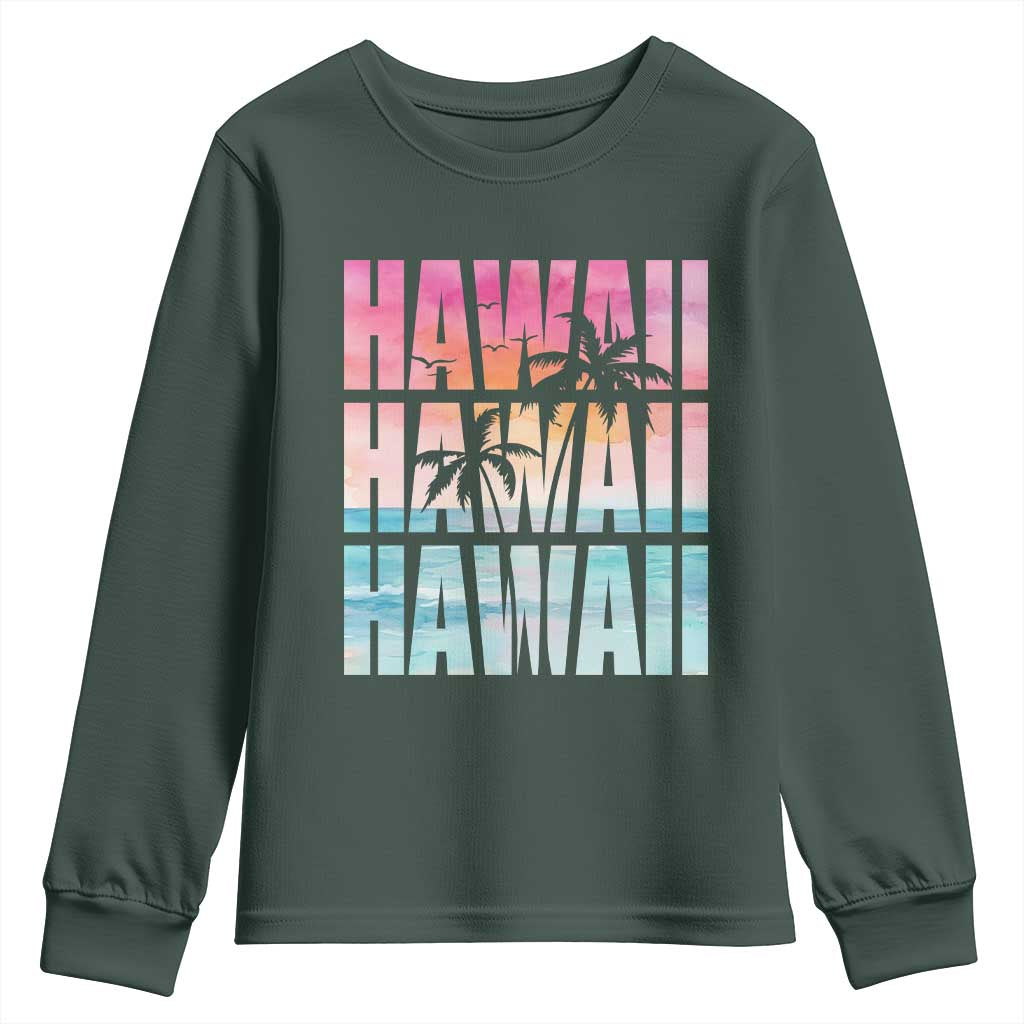 Hawaii Summer Vacation Youth Sweatshirt Vintage Tropical Beach Graphic TS14 Dark Forest Green Print Your Wear