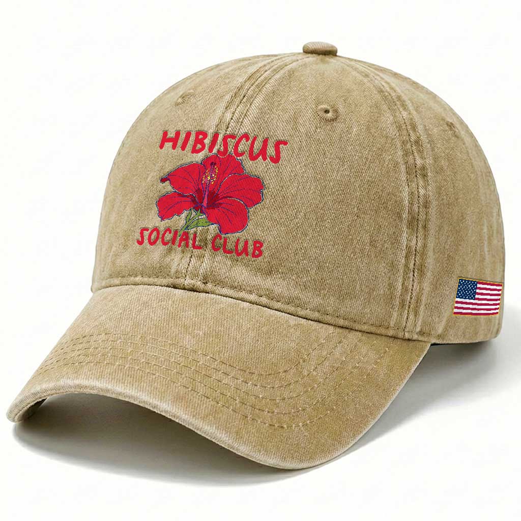 Hibiscus Flower Washed Cotton Baseball Cap Aloha Hawaii Tropical Beach Vacation