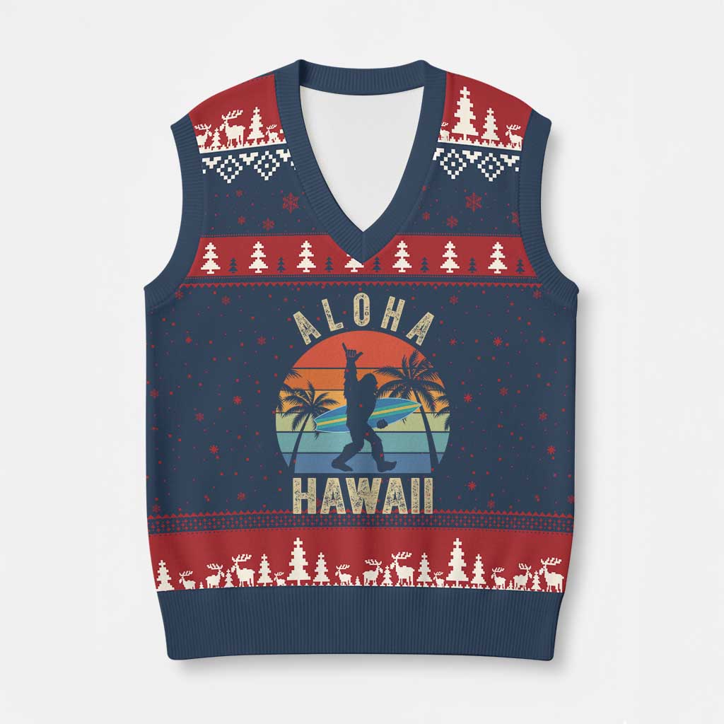 Funny Bigfoot Aloha Hawaiian Surfing V-Neck Knit Sweater Vest Tropical Beach Surfer Gift TS14 Navy Red Print Your Wear