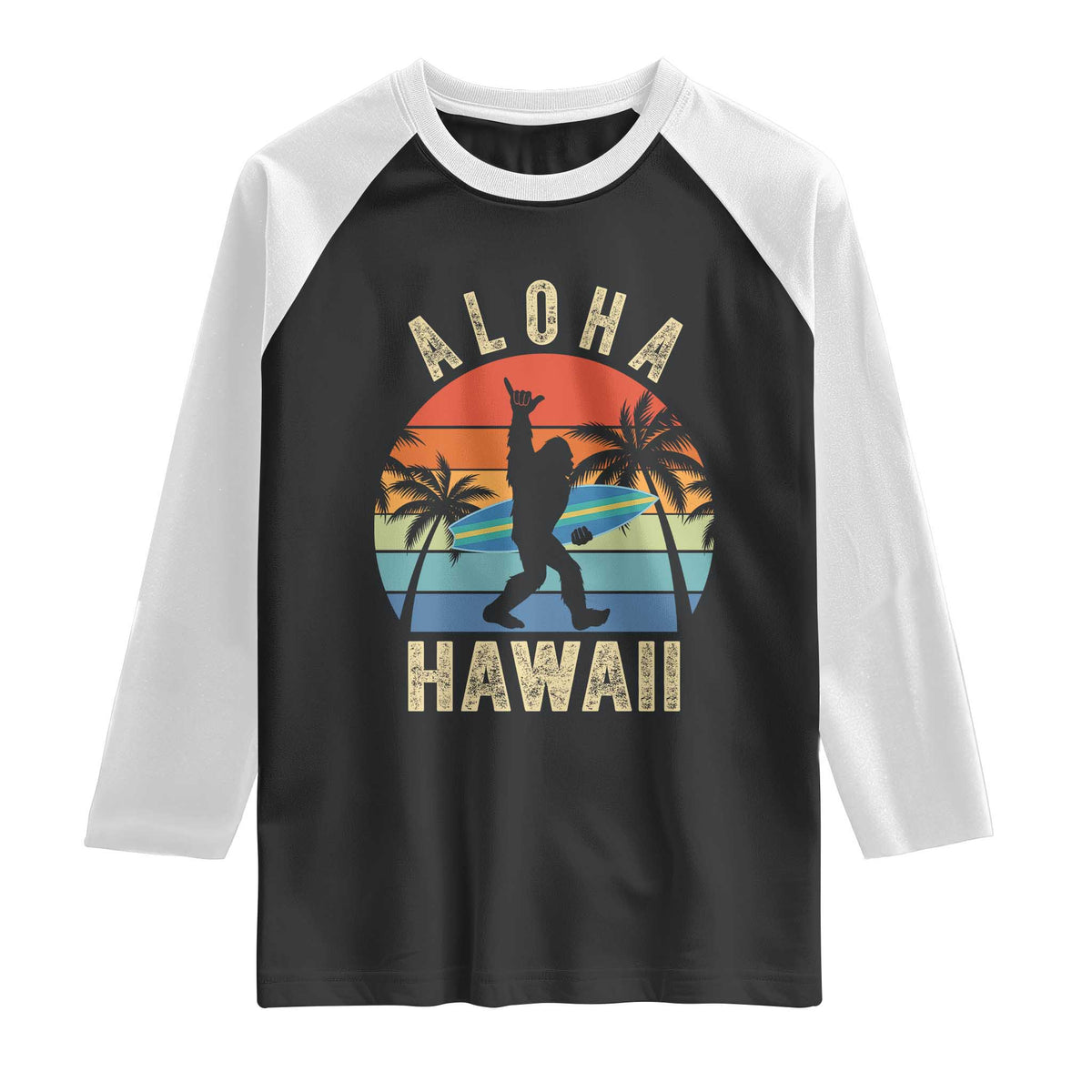 Funny Bigfoot Aloha Hawaiian Surfing Raglan Shirt Tropical Beach Surfer Gift
