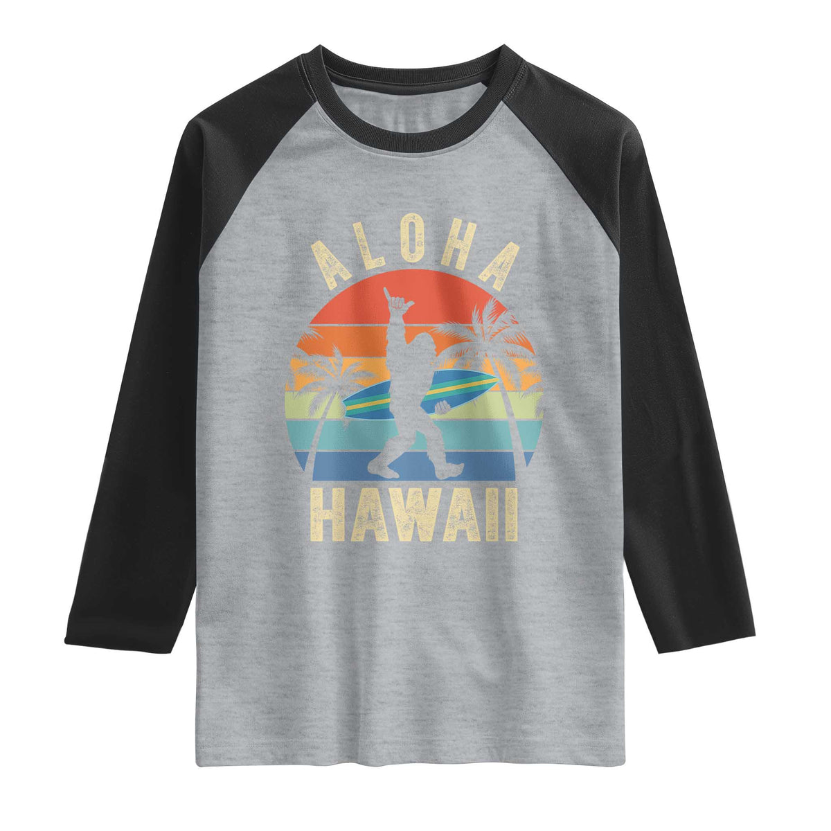 Funny Bigfoot Aloha Hawaiian Surfing Raglan Shirt Tropical Beach Surfer Gift