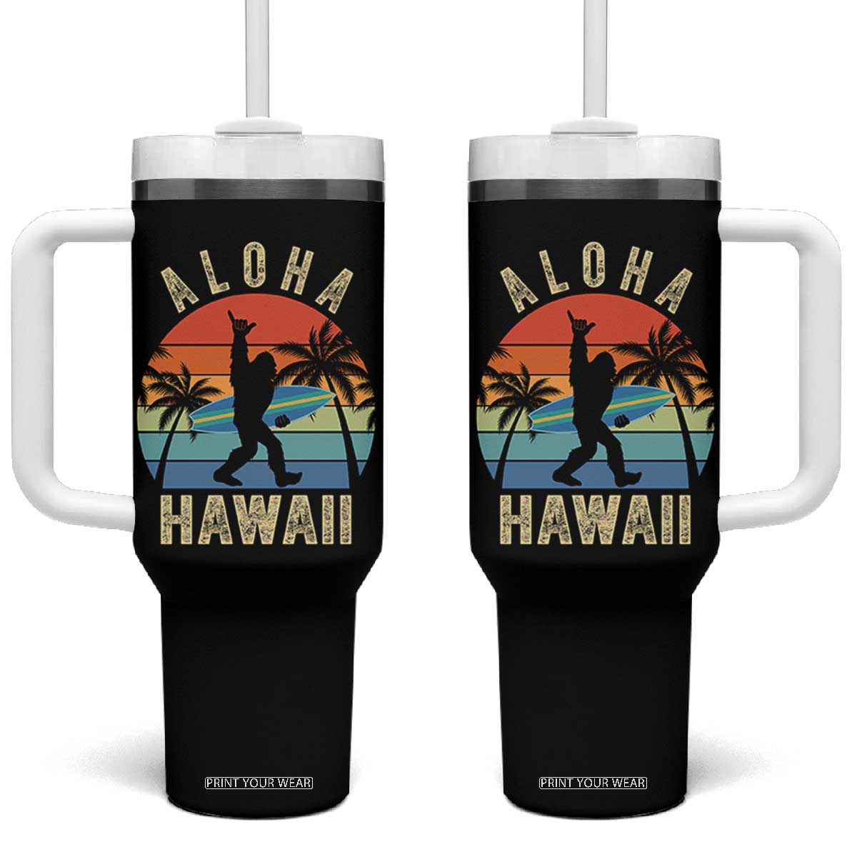 Funny Bigfoot Aloha Hawaiian Surfing Tumbler With Handle Tropical Beach Surfer Gift