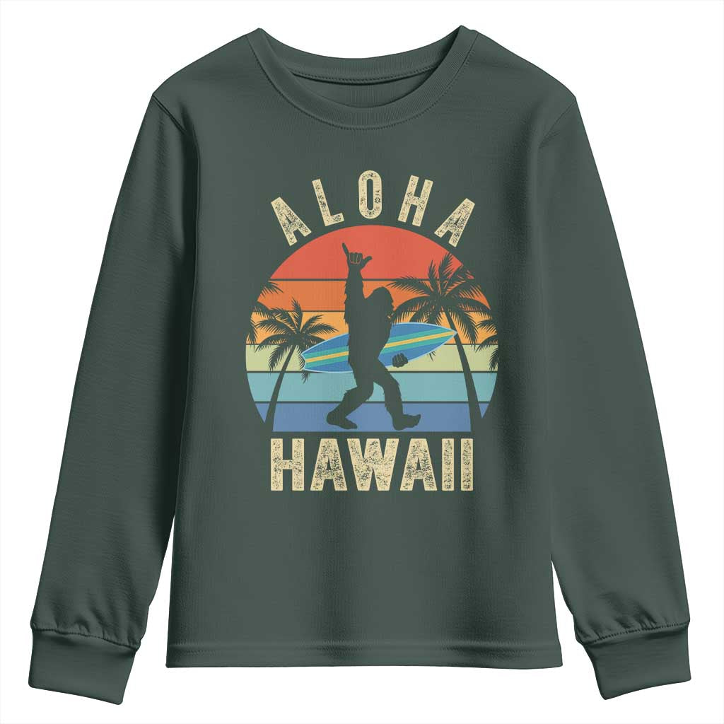Funny Bigfoot Aloha Hawaiian Surfing Youth Sweatshirt Tropical Beach Surfer Gift TS14 Dark Forest Green Print Your Wear