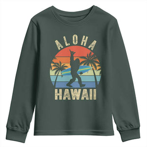 Funny Bigfoot Aloha Hawaiian Surfing Youth Sweatshirt Tropical Beach Surfer Gift TS14 Dark Forest Green Print Your Wear
