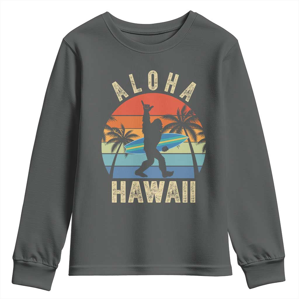Funny Bigfoot Aloha Hawaiian Surfing Youth Sweatshirt Tropical Beach Surfer Gift TS14 Dark Heather Print Your Wear