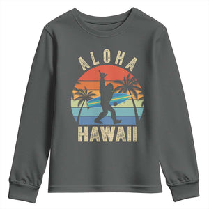 Funny Bigfoot Aloha Hawaiian Surfing Youth Sweatshirt Tropical Beach Surfer Gift TS14 Dark Heather Print Your Wear