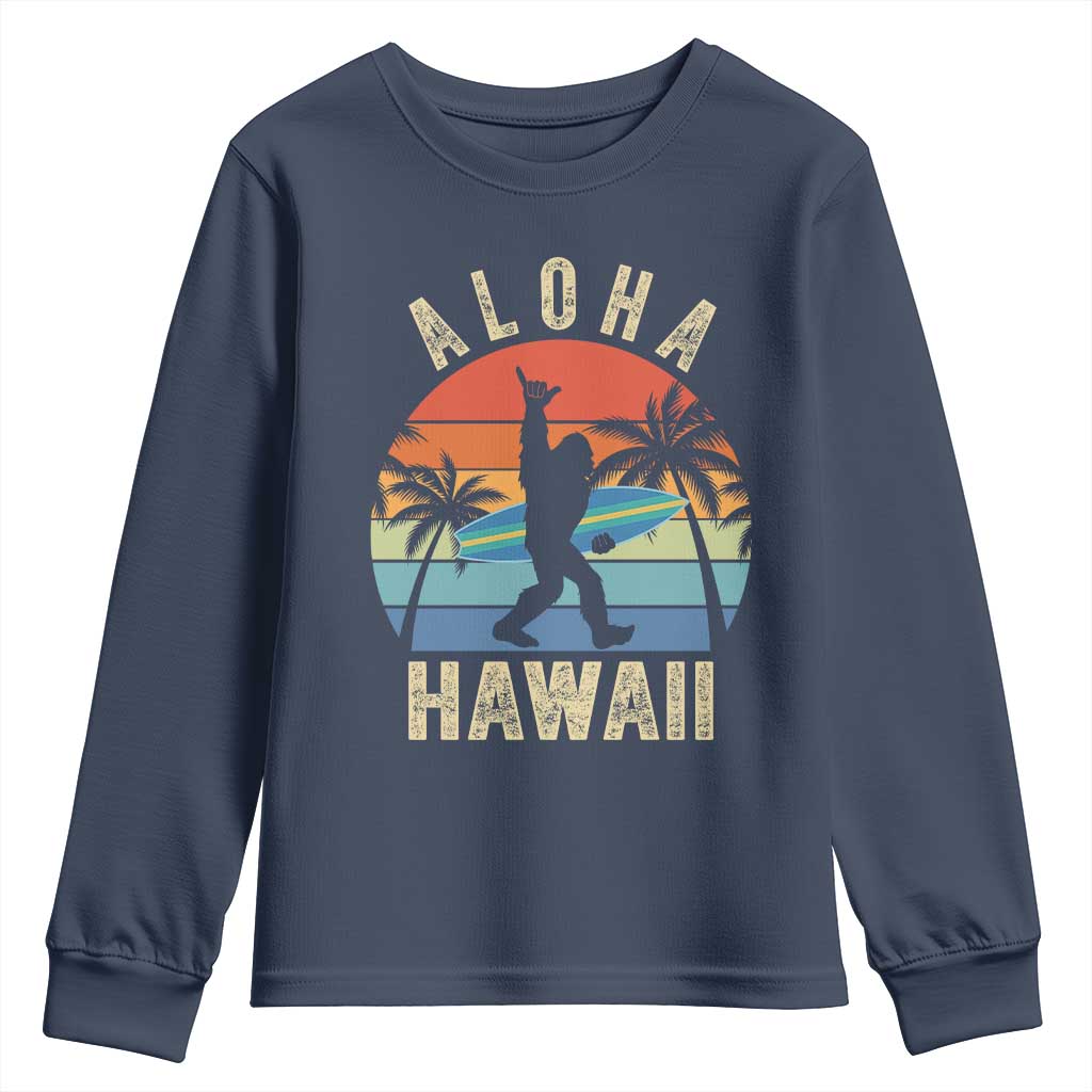 Funny Bigfoot Aloha Hawaiian Surfing Youth Sweatshirt Tropical Beach Surfer Gift TS14 Navy Print Your Wear