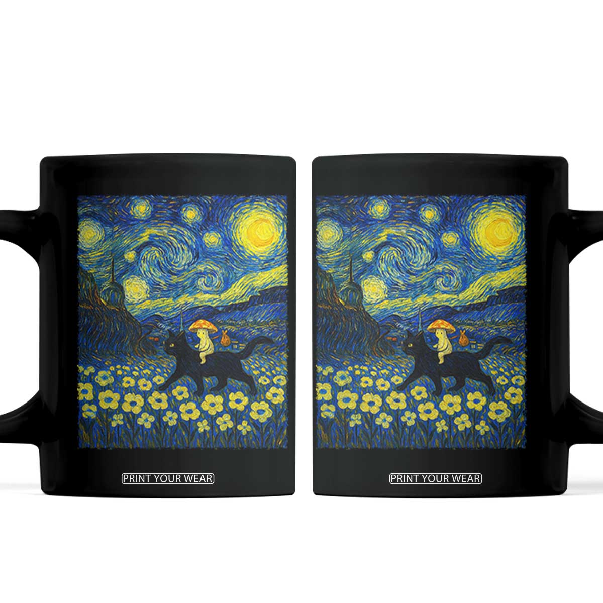 Cute Cottagcore Cat Mushroom Coffee Mug Starry Night Fungi Mycology Lover TS14 Black Print Your Wear