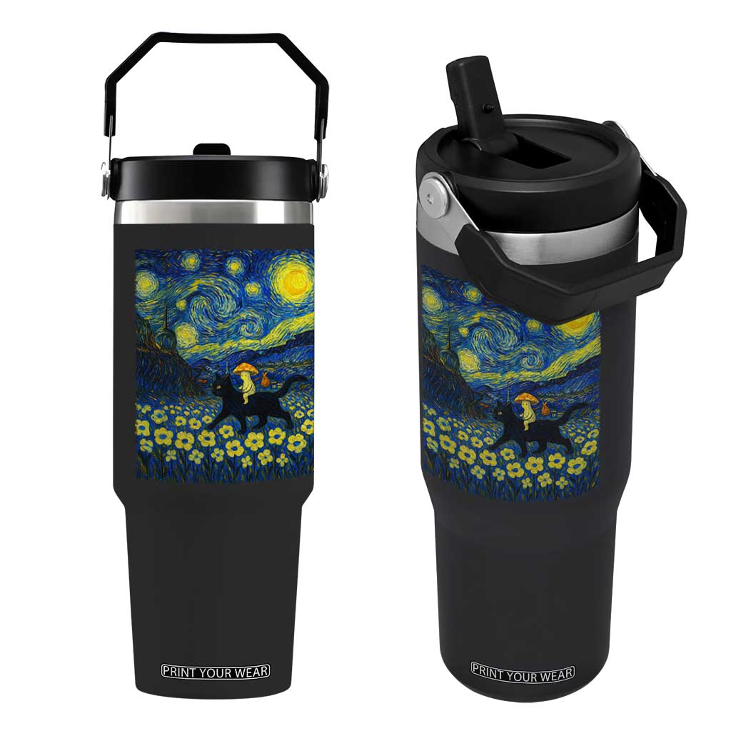 Cute Cottagcore Cat Mushroom Flip Straw Tumbler Starry Night Fungi Mycology Lover TS14 One Size: 30 oz Black Print Your Wear