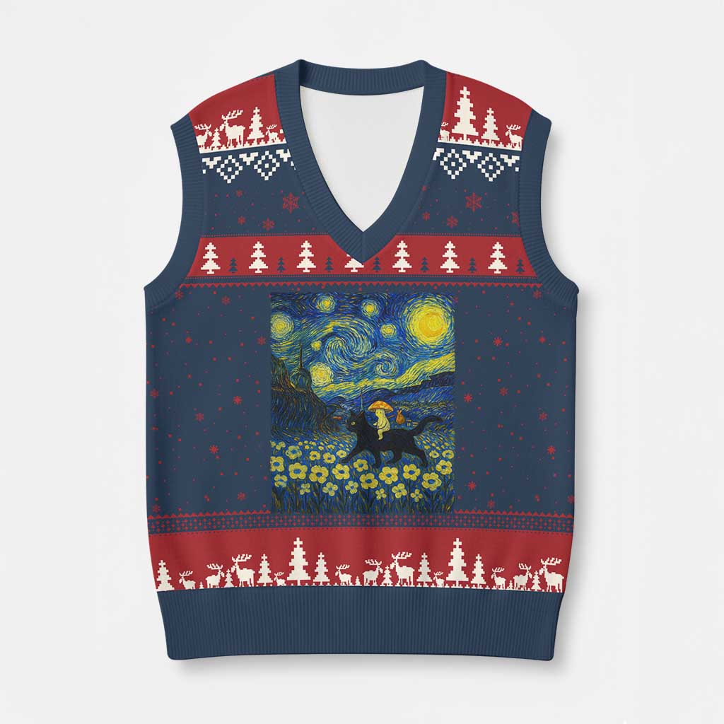 Cute Cottagcore Cat Mushroom V-Neck Knit Sweater Vest Starry Night Fungi Mycology Lover TS14 Navy Red Print Your Wear