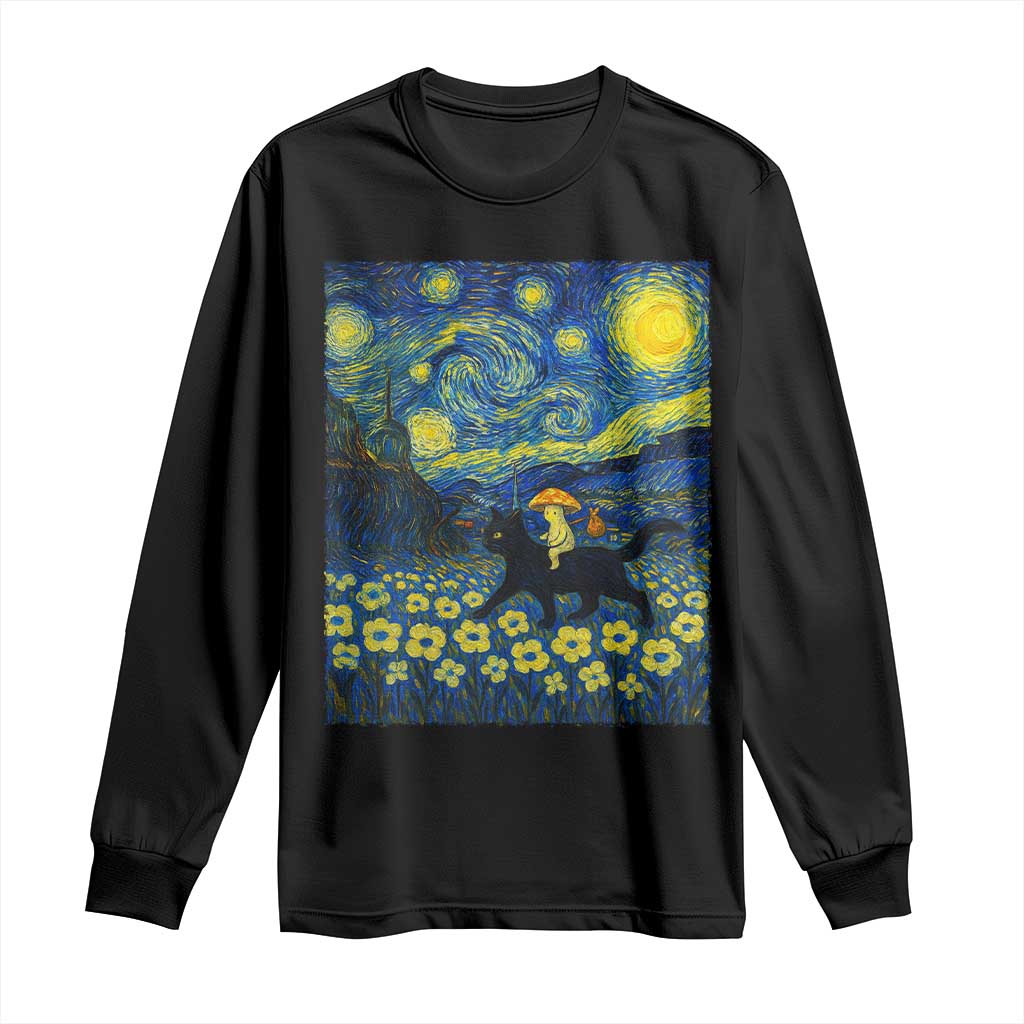 Cute Cottagcore Cat Mushroom Long Sleeve Shirt Starry Night Fungi Mycology Lover TS14 Black Print Your Wear