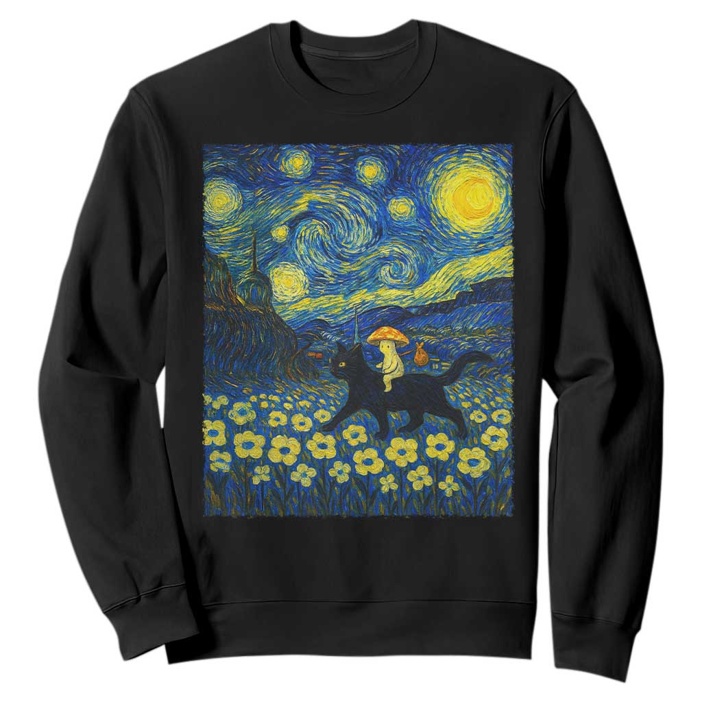 Cute Cottagcore Cat Mushroom Sweatshirt Starry Night Fungi Mycology Lover TS14 Black Print Your Wear