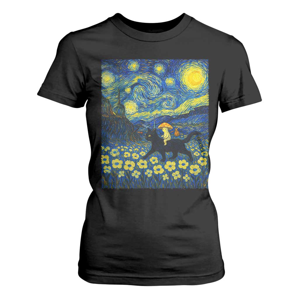 Cute Cottagcore Cat Mushroom T Shirt For Women Starry Night Fungi Mycology Lover TS14 Black Print Your Wear