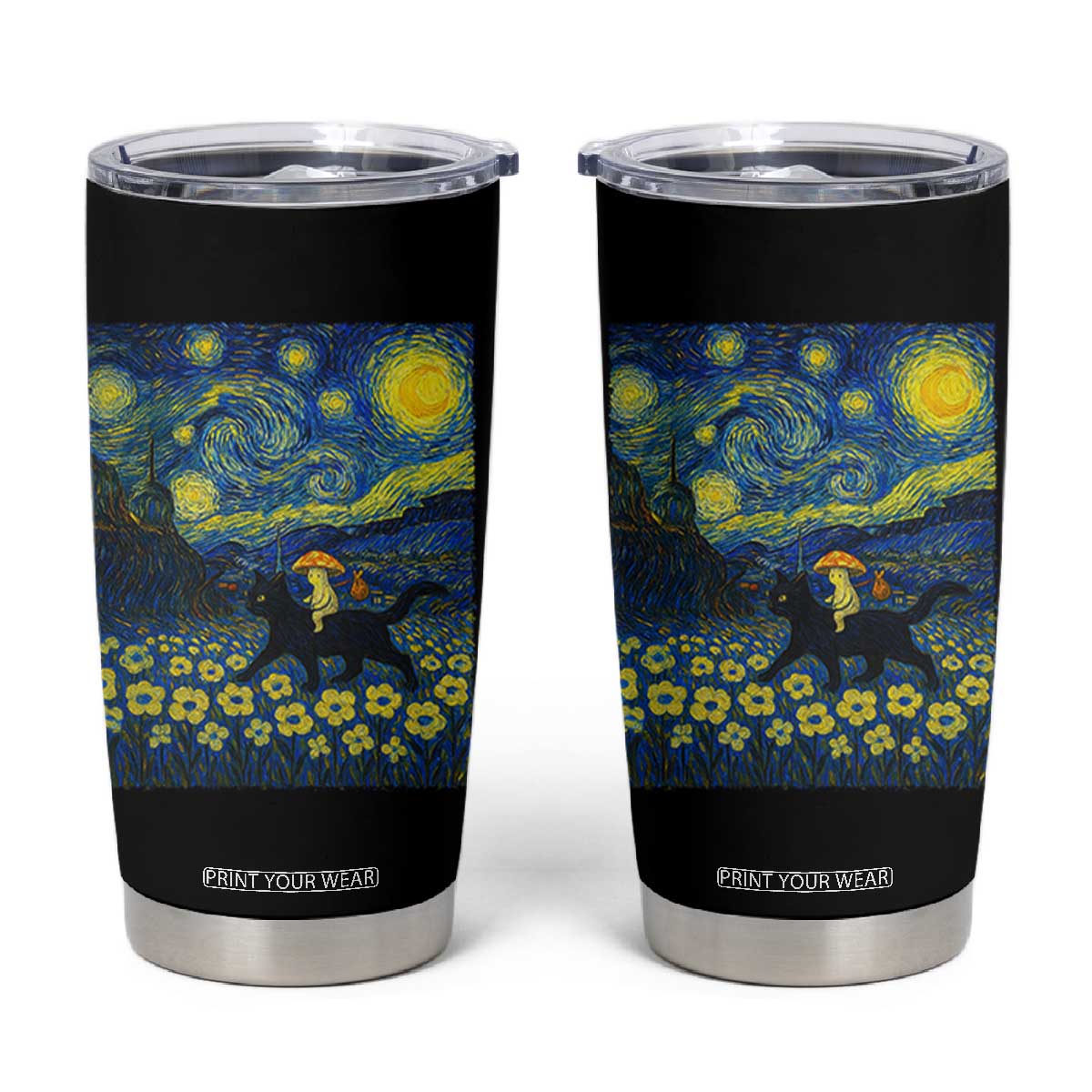 Cute Cottagcore Cat Mushroom Tumbler Cup Starry Night Fungi Mycology Lover TS14 Black Print Your Wear