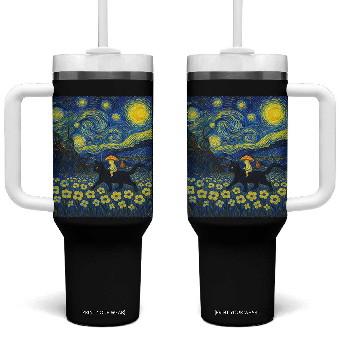 Cute Cottagcore Cat Mushroom Tumbler With Handle Starry Night Fungi Mycology Lover TS14 One Size: 40 oz Black Print Your Wear