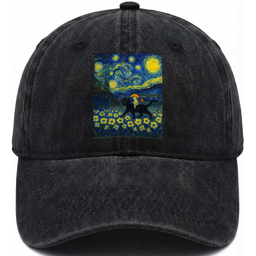 Cute Cottagcore Cat Mushroom Washed Cotton Baseball Cap Starry Night Fungi Mycology Lover TS14 Washed Cap Universal Fit Black Print Your Wear