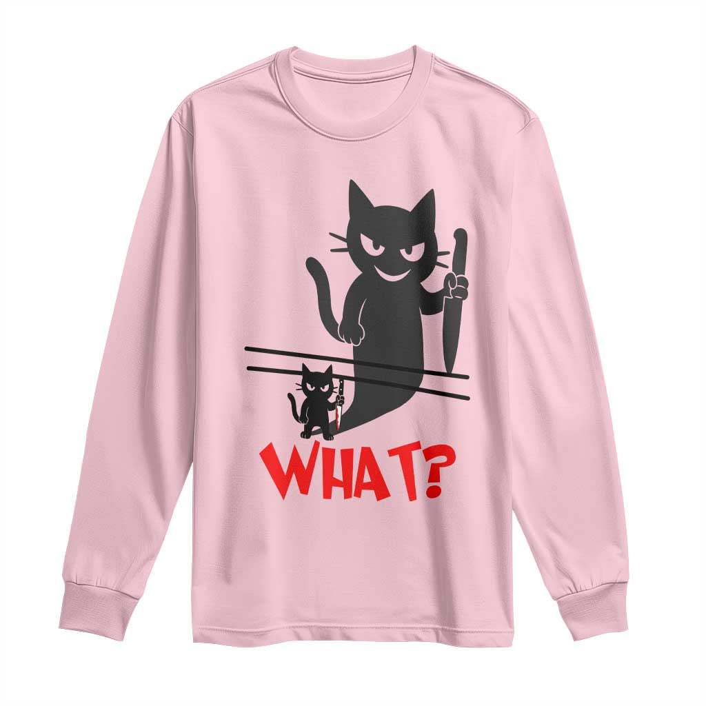 Murder Cat What Long Sleeve Shirt Funny Black Kitty Holding Knife Meme TS14 Light Pink Print Your Wear