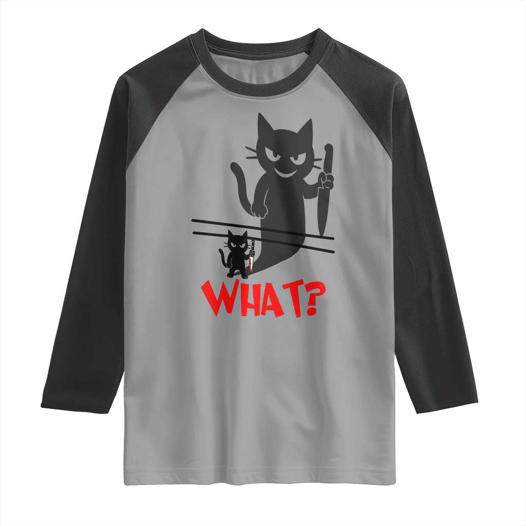 Murder Cat What Raglan Shirt Funny Black Kitty Holding Knife Meme TS14 Sport Gray Black Print Your Wear