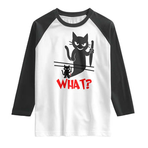 Murder Cat What Raglan Shirt Funny Black Kitty Holding Knife Meme TS14 White Black Print Your Wear