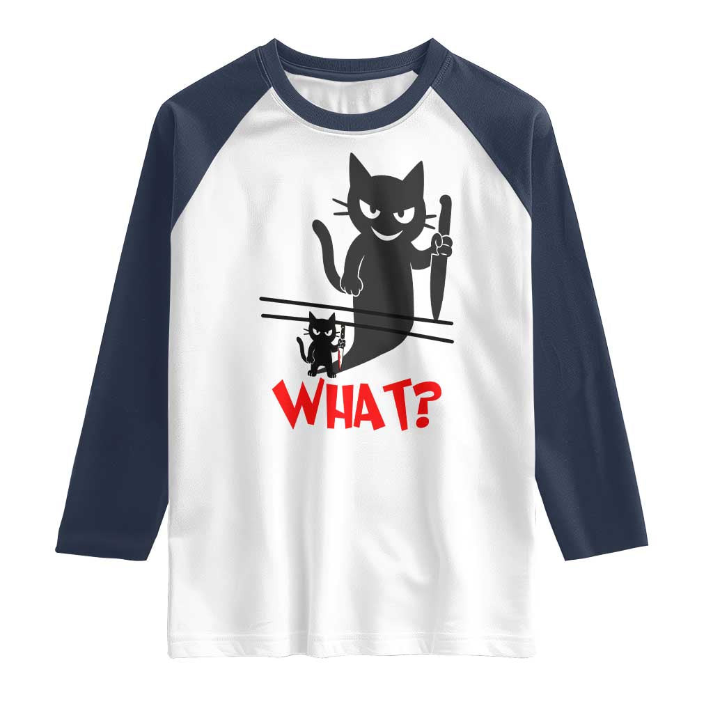 Murder Cat What Raglan Shirt Funny Black Kitty Holding Knife Meme TS14 White Navy Print Your Wear