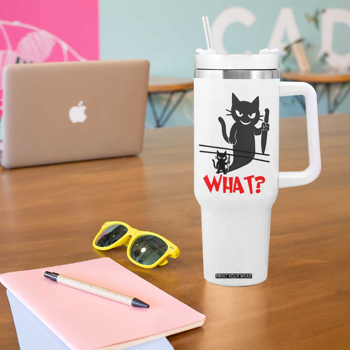 Murder Cat What Tumbler With Handle Funny Black Kitty Holding Knife Meme TS14 Print Your Wear